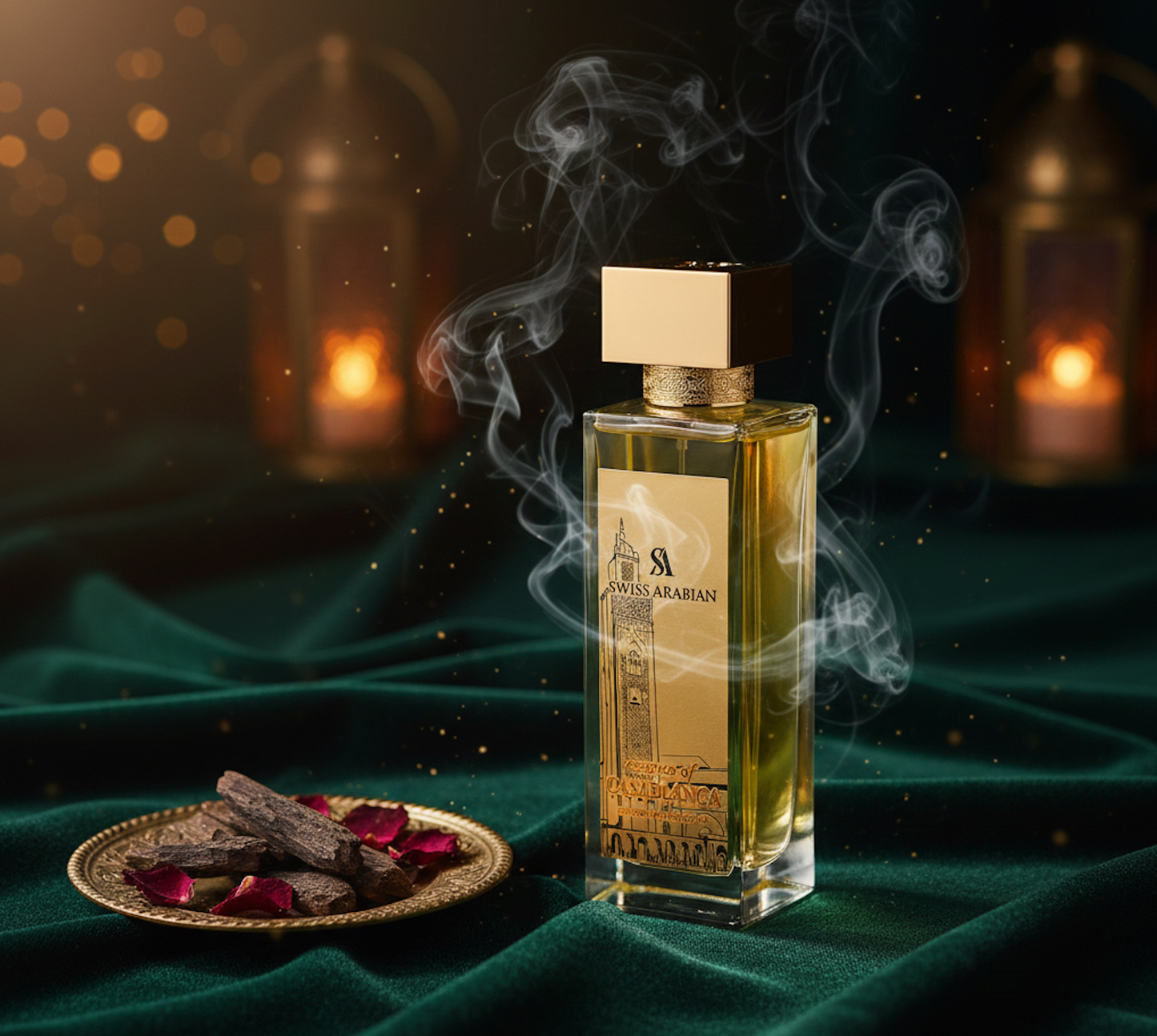 “Essence of Casablanca posé sur tissu vert avec fumée et plateau de bois d’oud.”