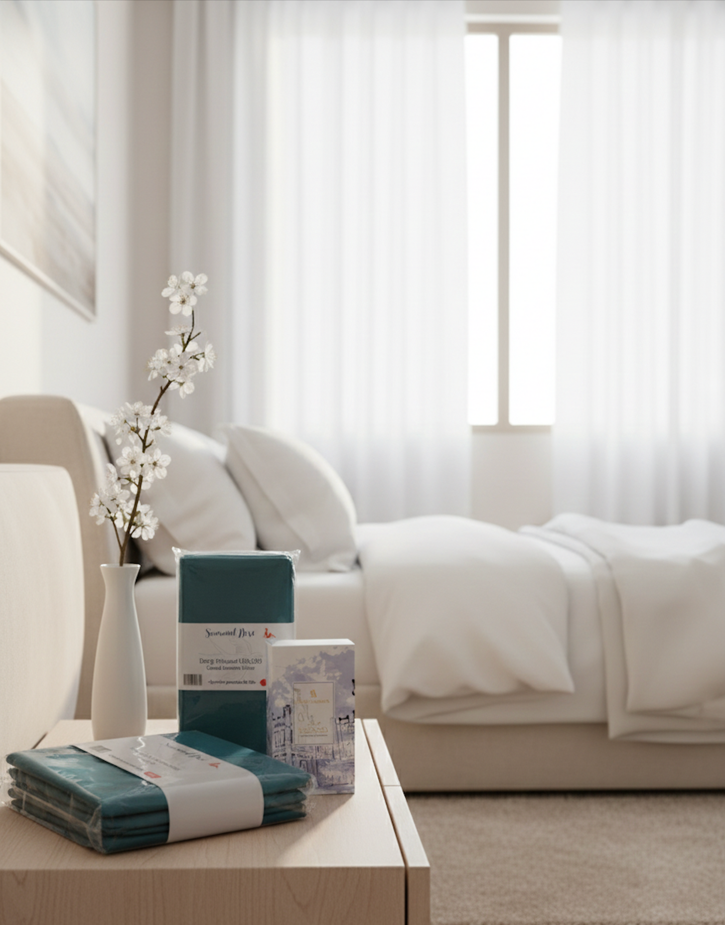 Coffret de linge de lit vert canard Sommel Douceur disposé dans une chambre lumineuse, ambiance douce et élégante.