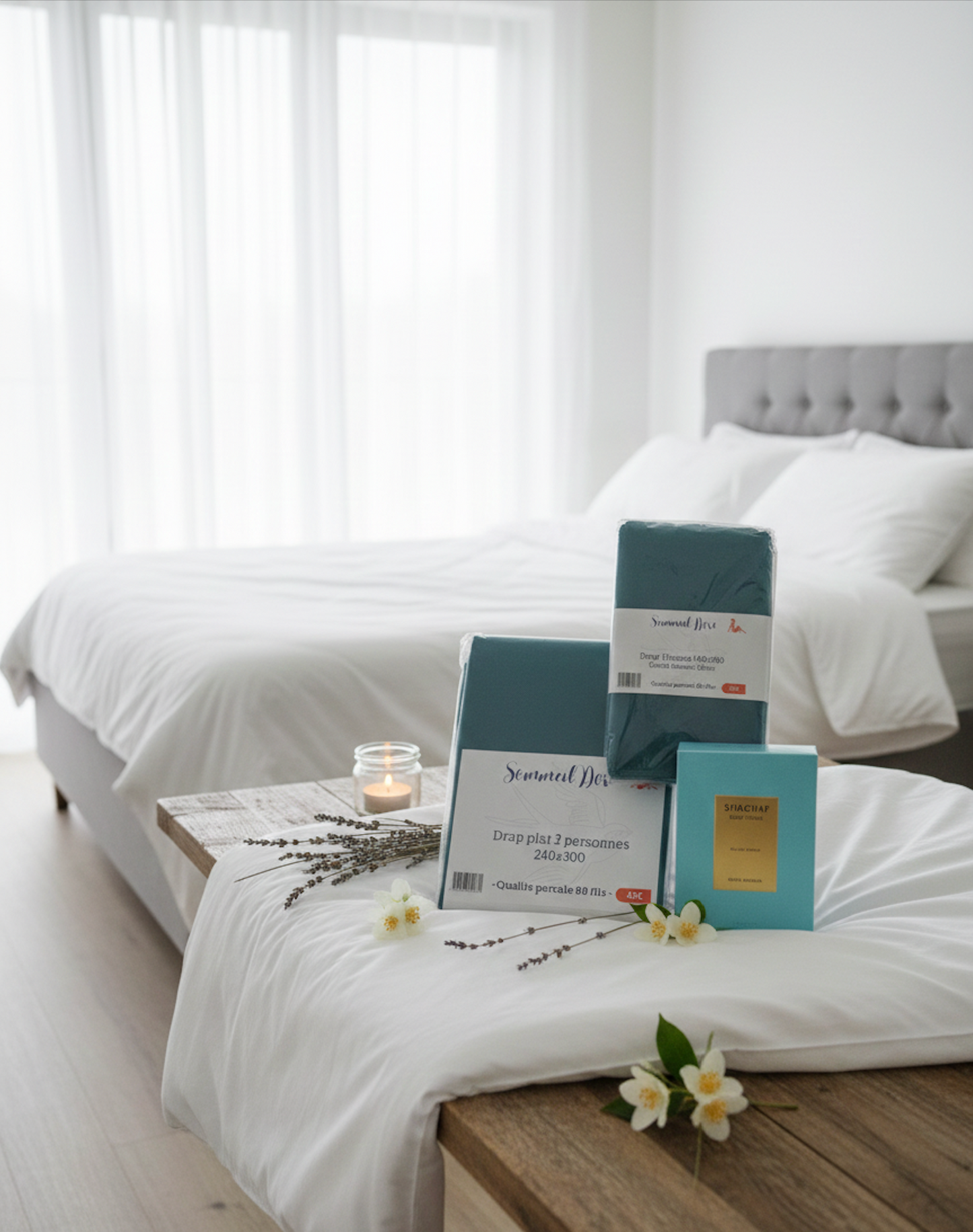 Ensemble de linge de lit vert 2 personnes présenté sur un lit blanc avec coffret parfum