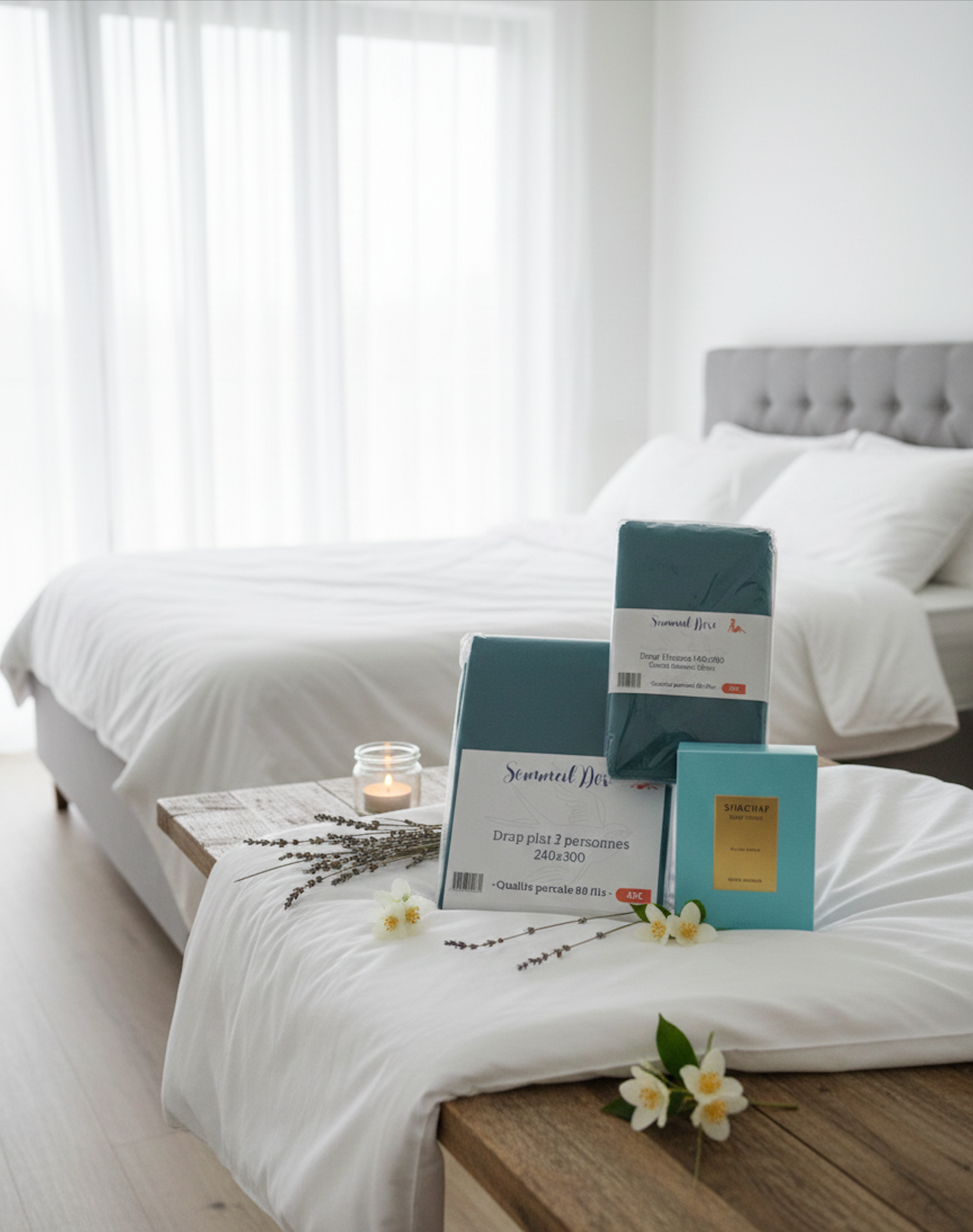 Ensemble de linge de lit vert 2 personnes présenté sur un lit blanc avec coffret parfum