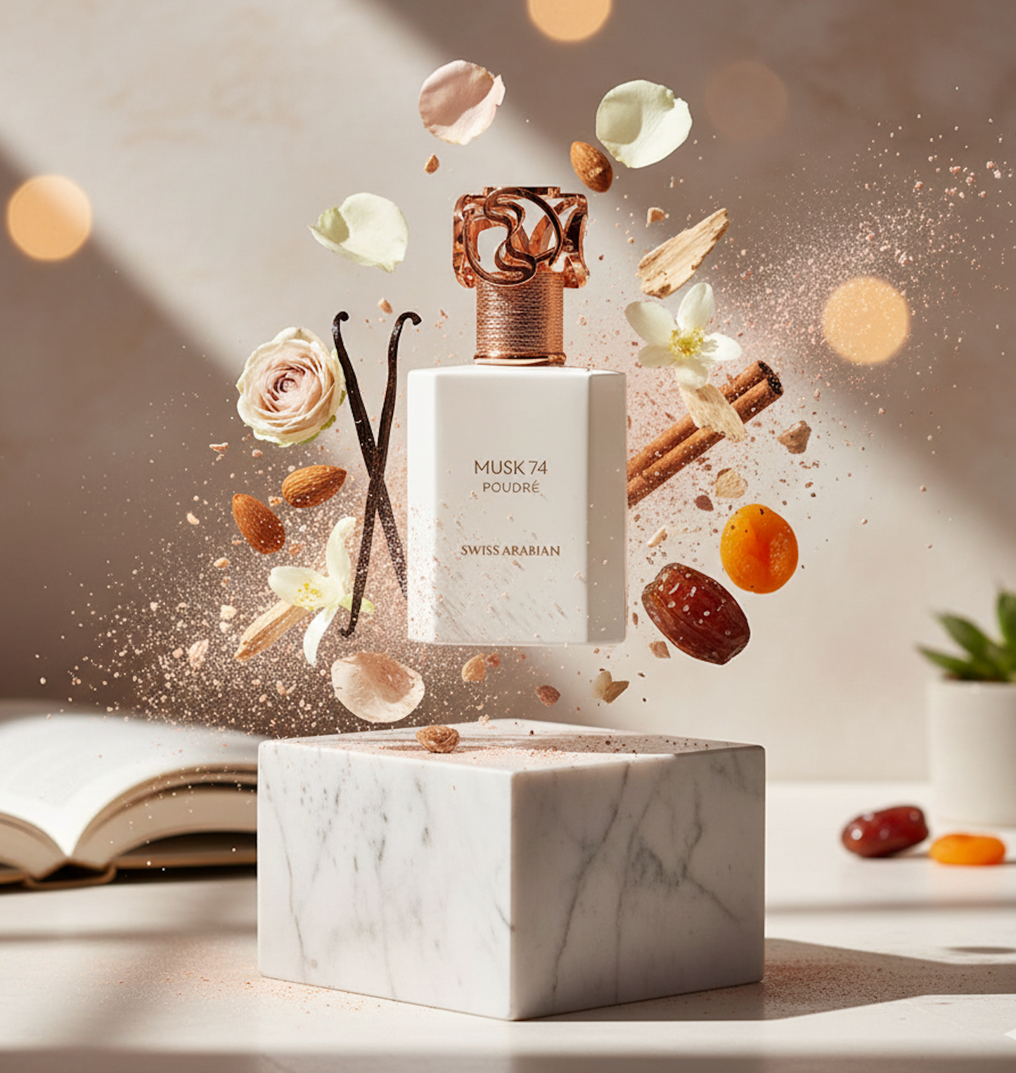 Parfum MUSK-07 entouré de ses notes olfactives gourmandes : vanille, amande, cannelle et résines