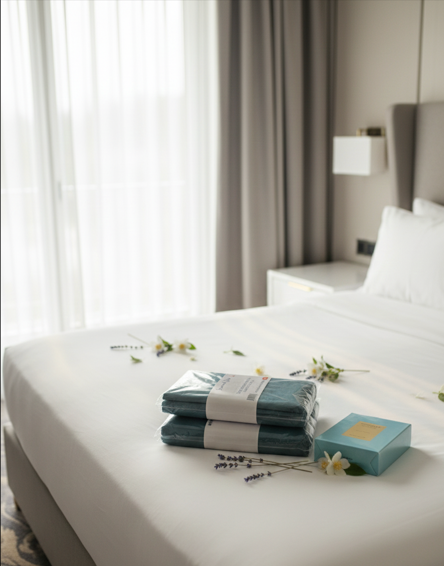 Présentation élégante de linge de lit vert avec coffret parfum dans une chambre lumineuse