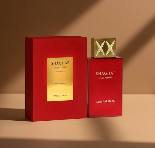 alt="Flacon de parfum Shaghaf Oud Ahmar en vue frontale sur fond neutre"
