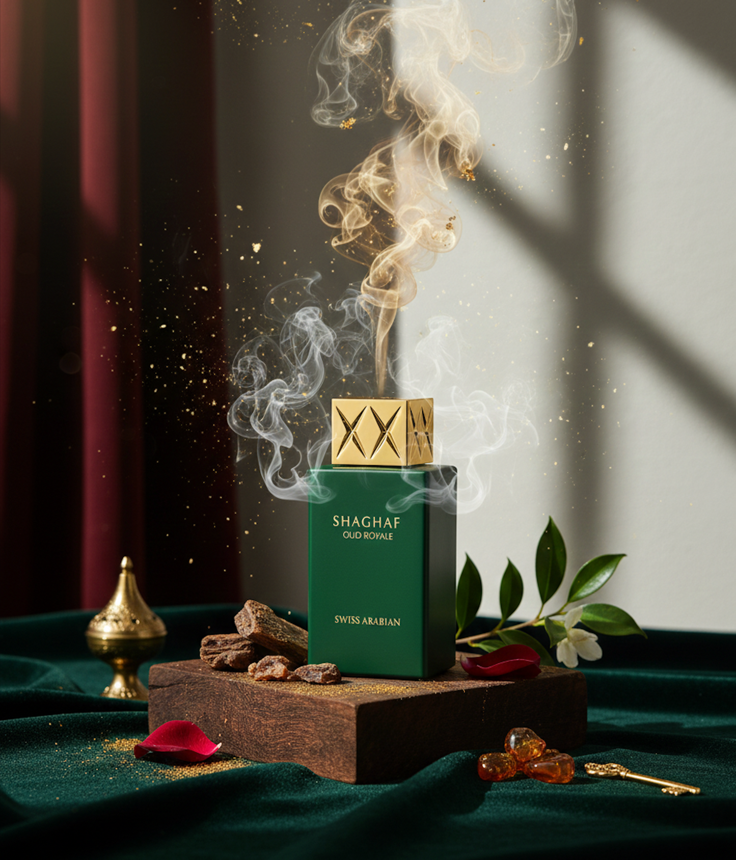 Parfum Shaghaf Oud Royale entouré de fumée, notes orientales, fleurs et bois d’oud dans une ambiance chaleureuse.