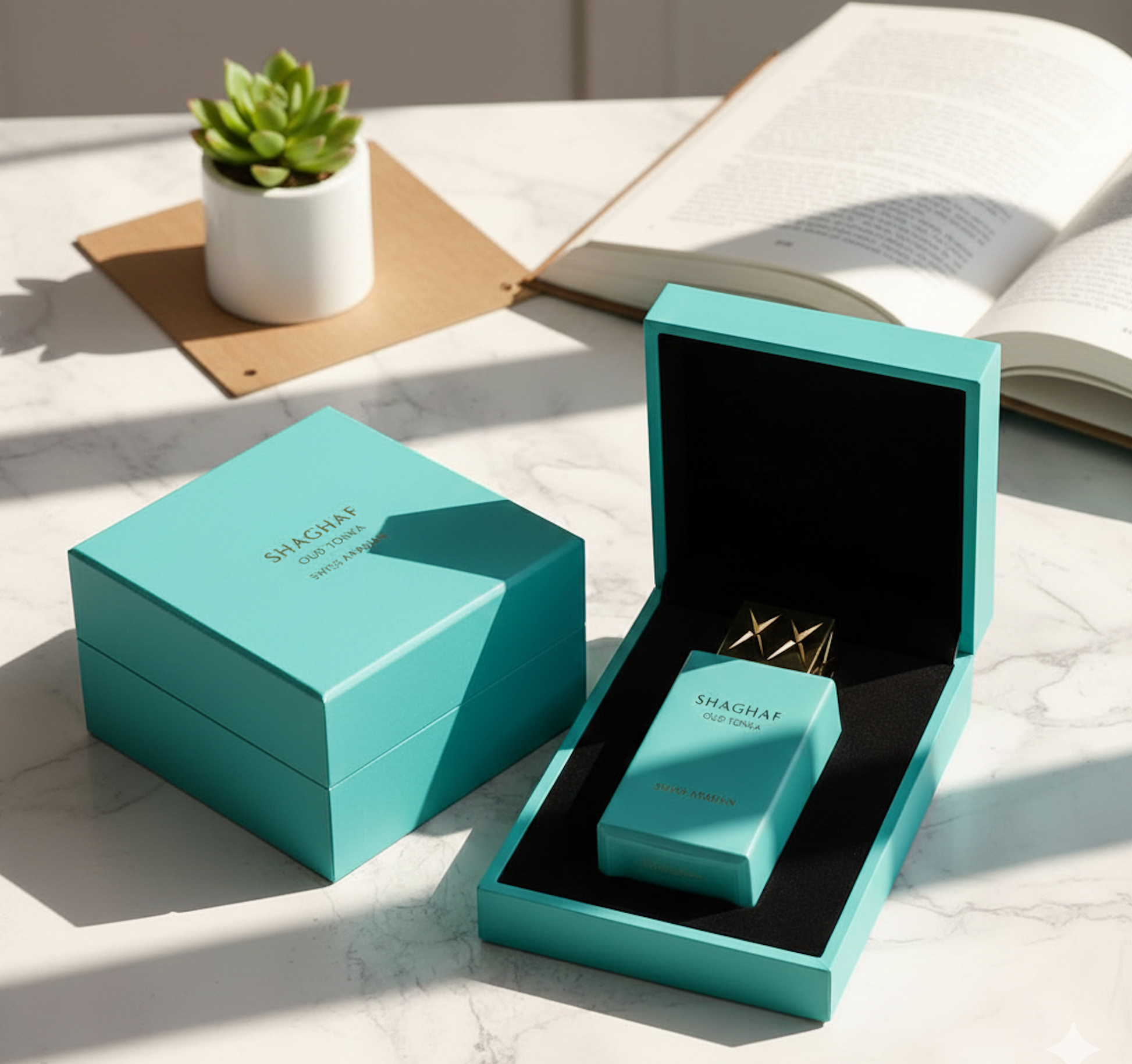 Flacon Shaghaf Oud Tonka turquoise présenté dans son coffret luxe turquoise et noir.