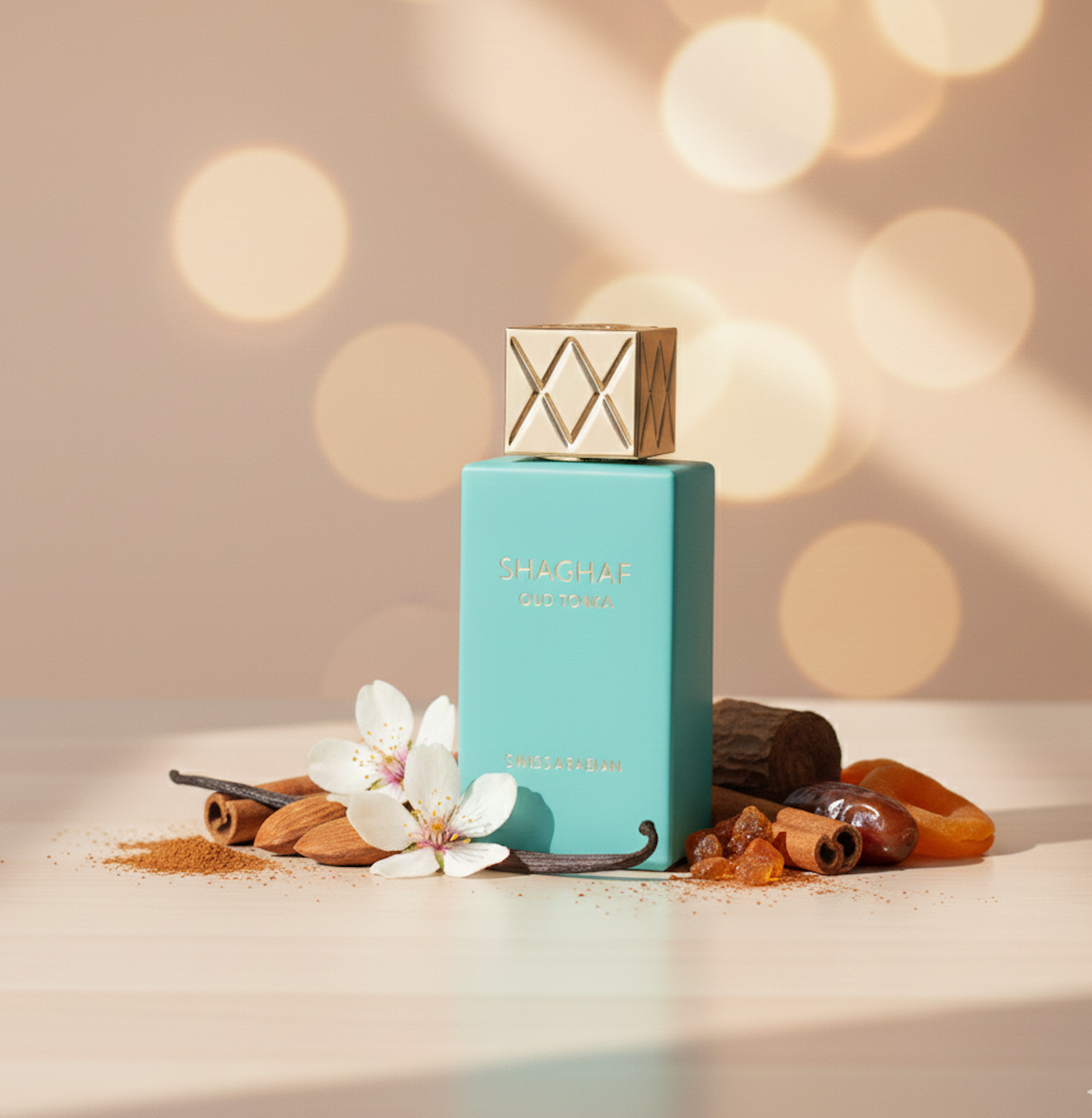Flacon Shaghaf Oud Tonka entouré de fleurs, vanille, cannelle et notes orientales.
