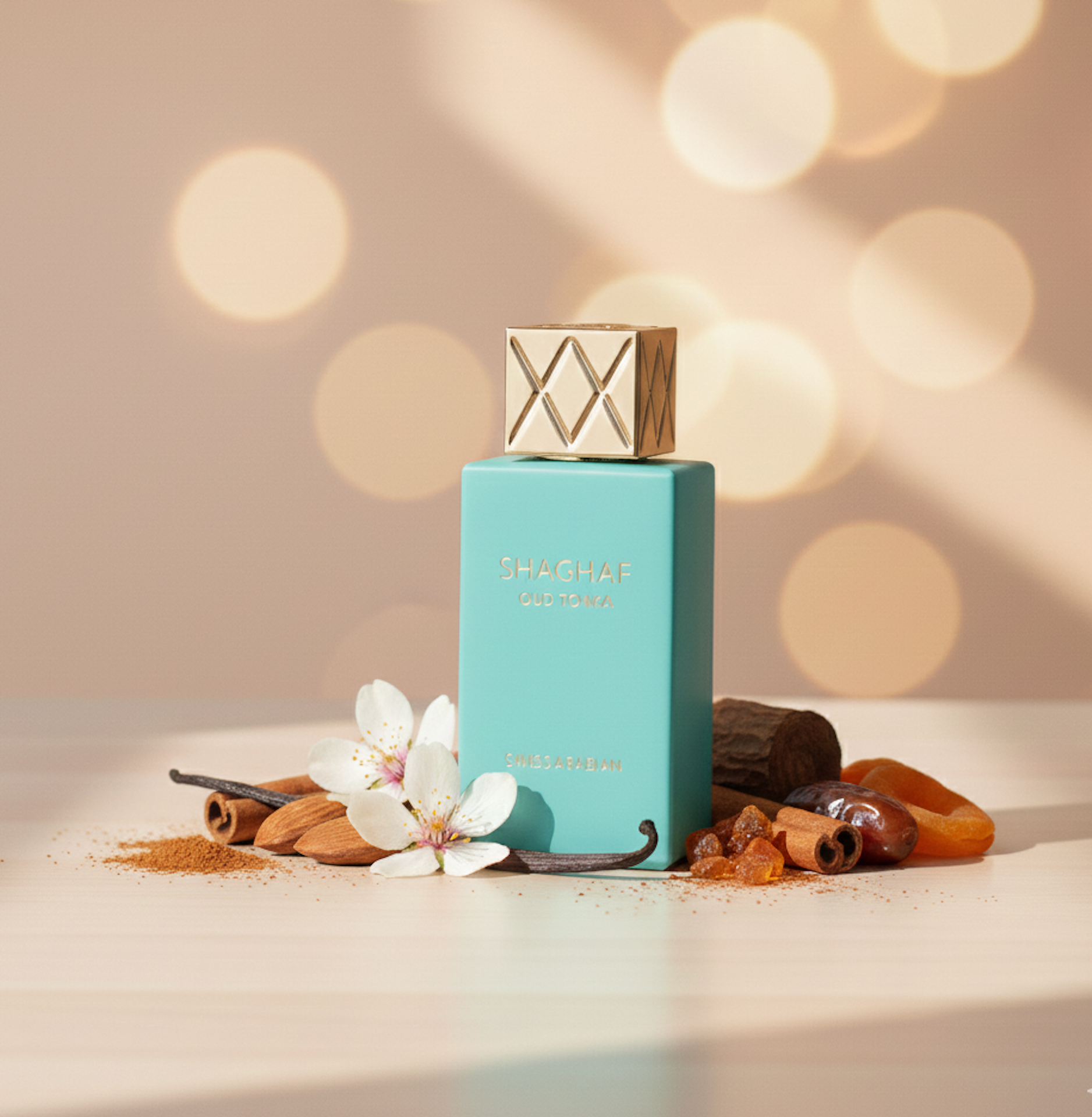 Flacon Shaghaf Oud Tonka entouré de fleurs, vanille, cannelle et notes orientales.
