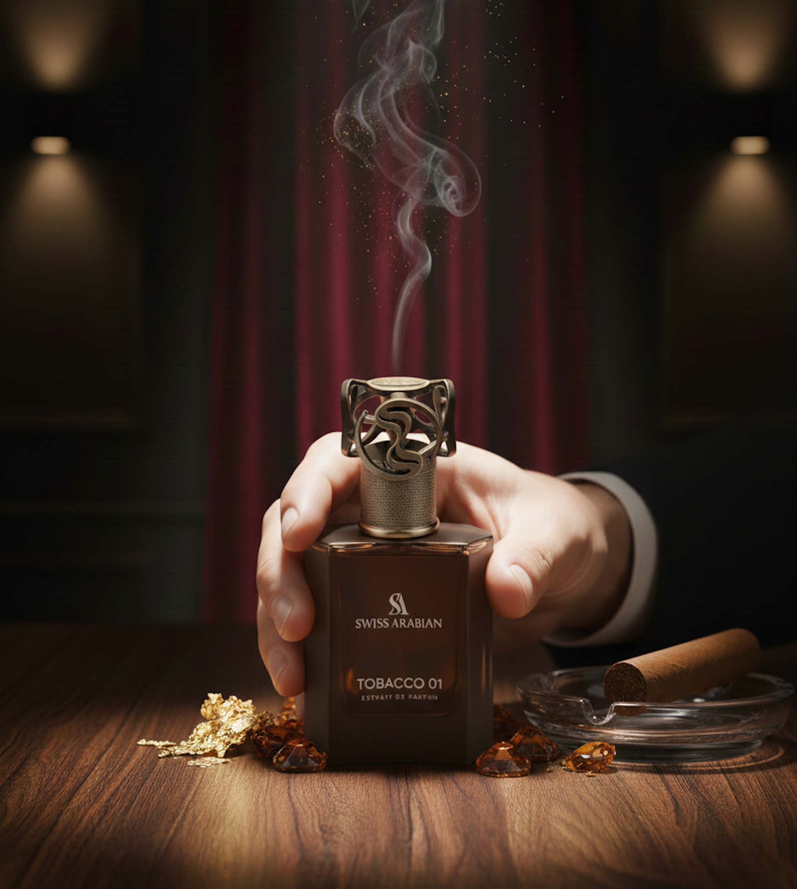 Flacon de parfum Tobacco 01 tenu dans une main, ambiance chaude et élégante .